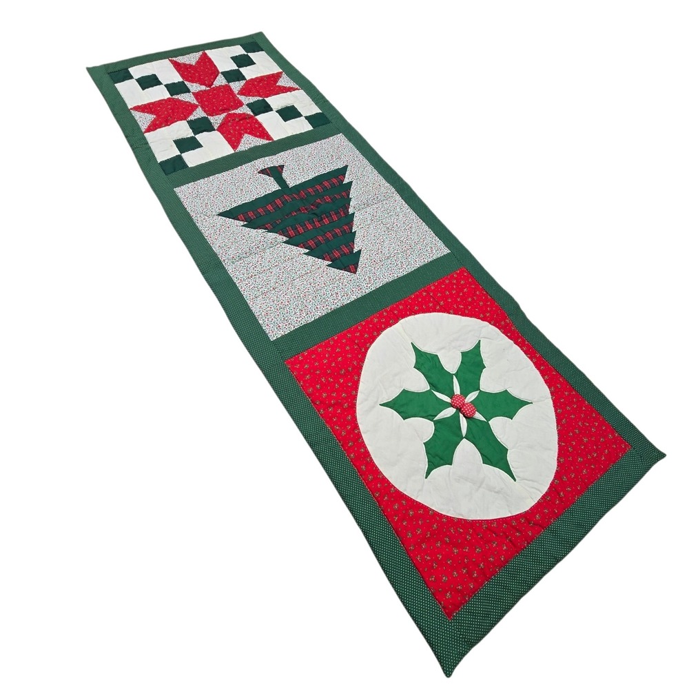 Quilted Christmas Table Runner Red Green Patchwork Holiday Decor Tree Star